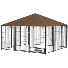 6.9'x6.9'x5' Outdoor Dog Kennel with Canopy, Coffee Garden Playpen Fence Crate Enclosure Cage, Rotating Bowl Secure Pet Play